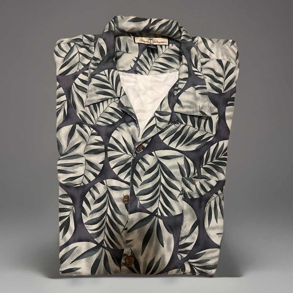 Tommy Bahama 100% Silk Shirt XL Blue Palm Leaf Hawaiian Short Sleeve